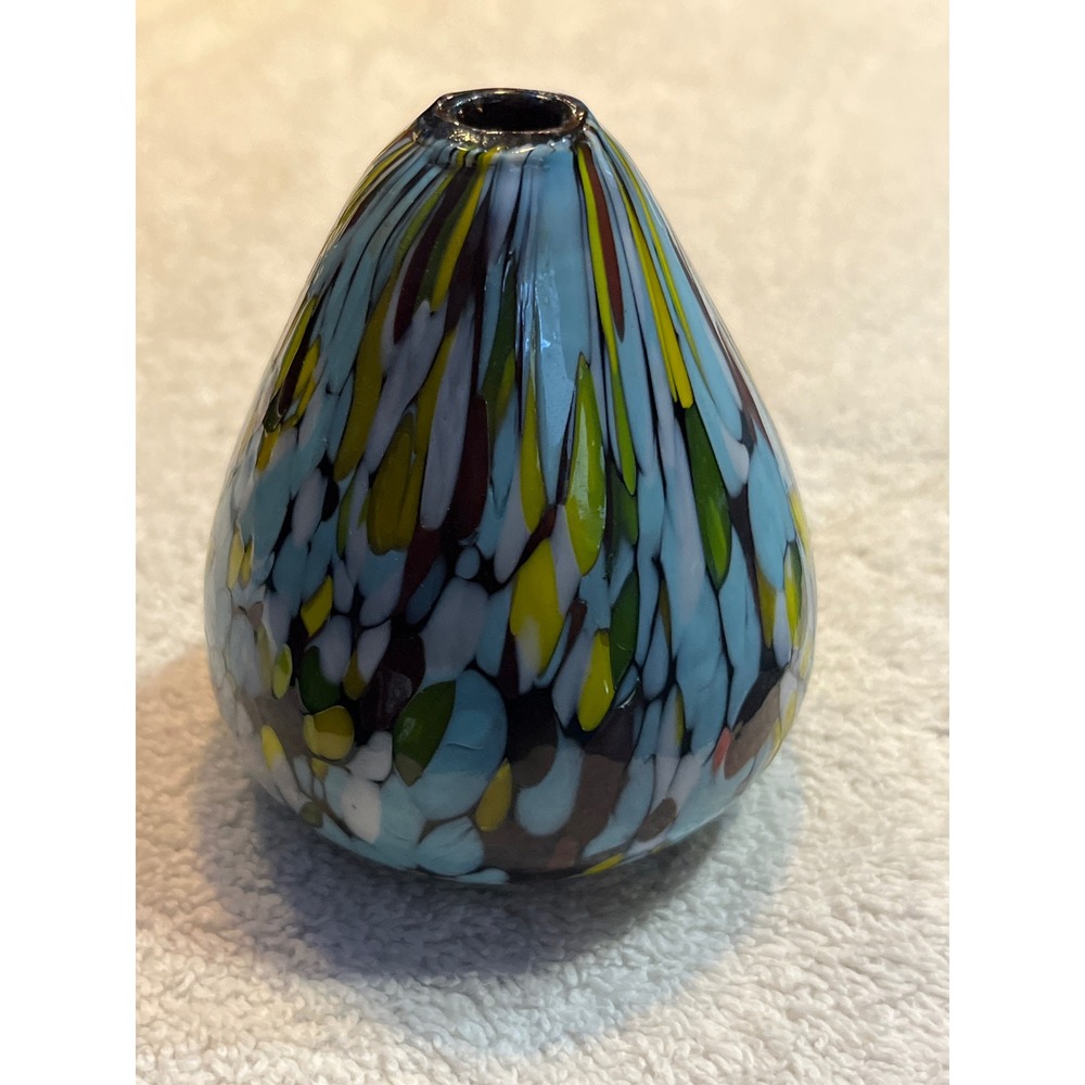Pearlessence Hand Blown Glass Bud Vase Blue Yellow Confetti Splatter Art Glass